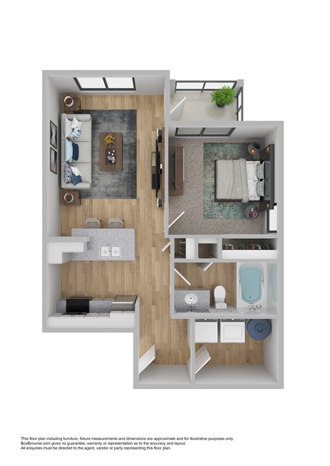 A floor plan of a small apartment with a kitchen, living room, and bathroom.